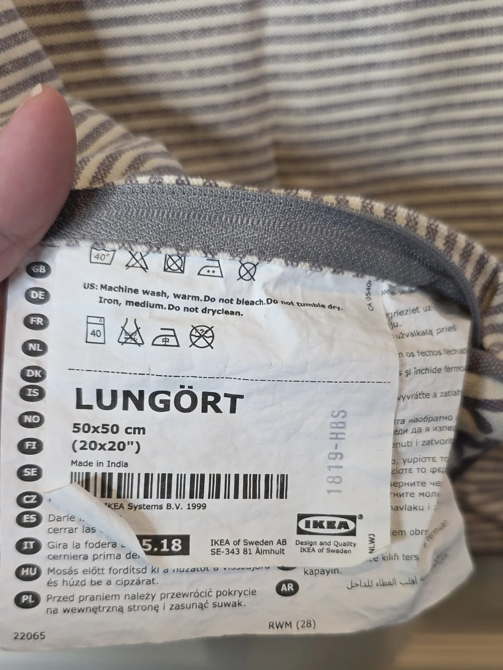 Two Ikea Lungort Decorative Pillow Cases Floral & Stripe Gray & Cream 20x20